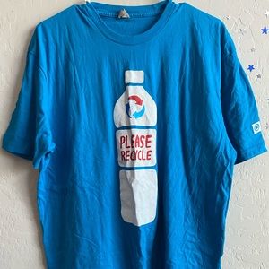 Blue please recycle shirt with water bottle